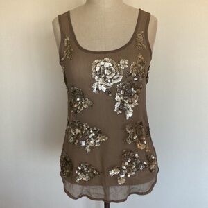 Floral sequined sheer neutral sleeveless top, flower detail XS